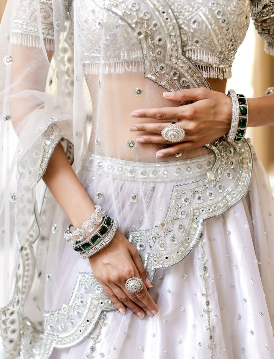 Grey with Silver Mirror Embroidered Organza Lehenga