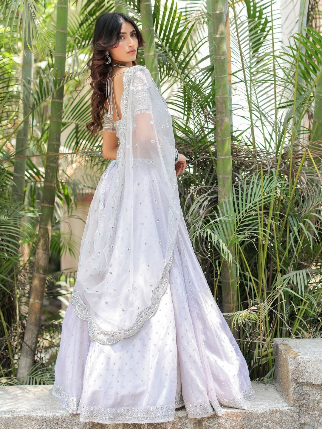 Grey with Silver Mirror Embroidered Organza Lehenga