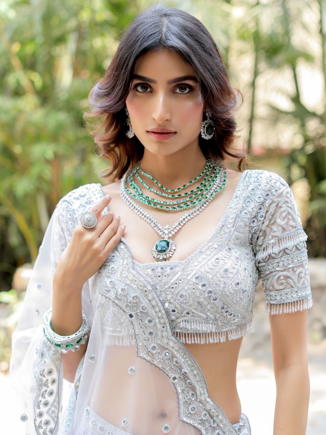 Grey with Silver Mirror Embroidered Organza Lehenga