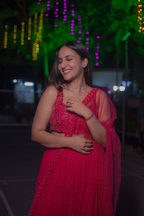 Red Tiered Mirror Work Lehenga Set