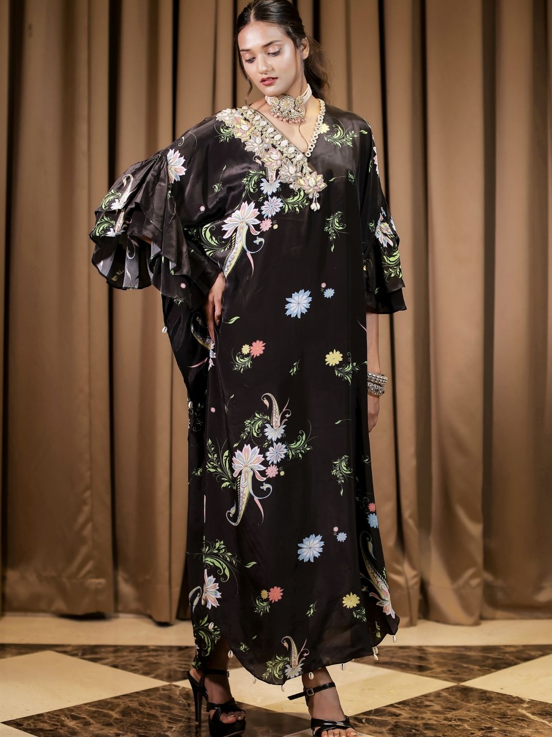 Black Printed Embroidered Kaftan