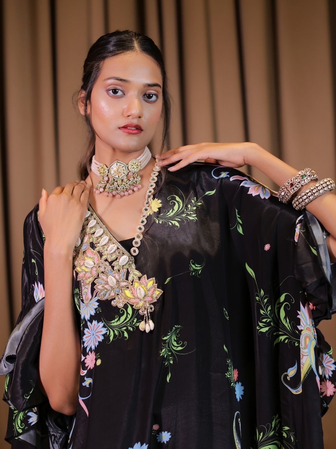 Black Printed Embroidered Kaftan