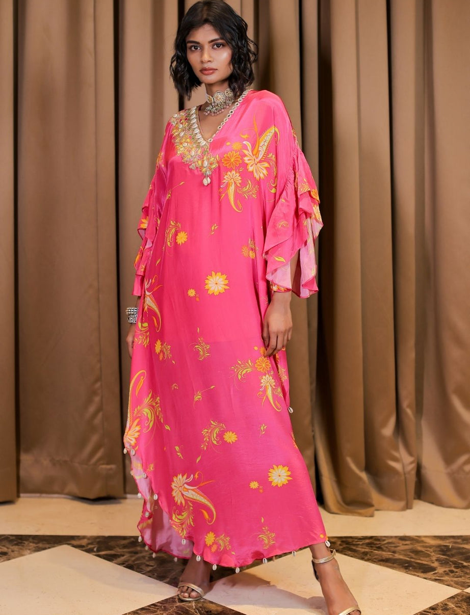 Pink Printed Embroidered Kaftan (XXl)