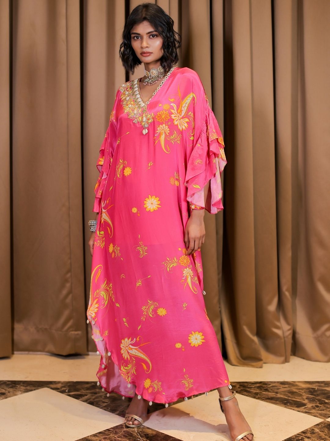 Pink Printed Embroidered Kaftan