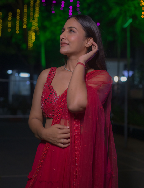 Red Tiered Mirror Work Lehenga Set