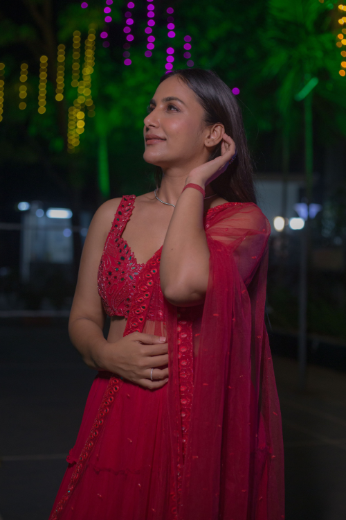 Red Tiered Mirror Work Lehenga Set