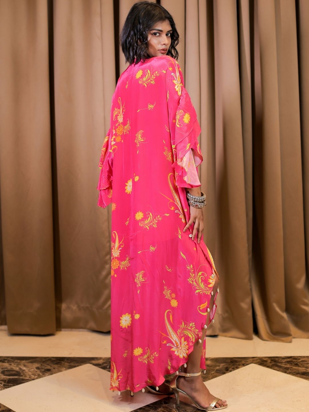 Pink Printed Embroidered Kaftan