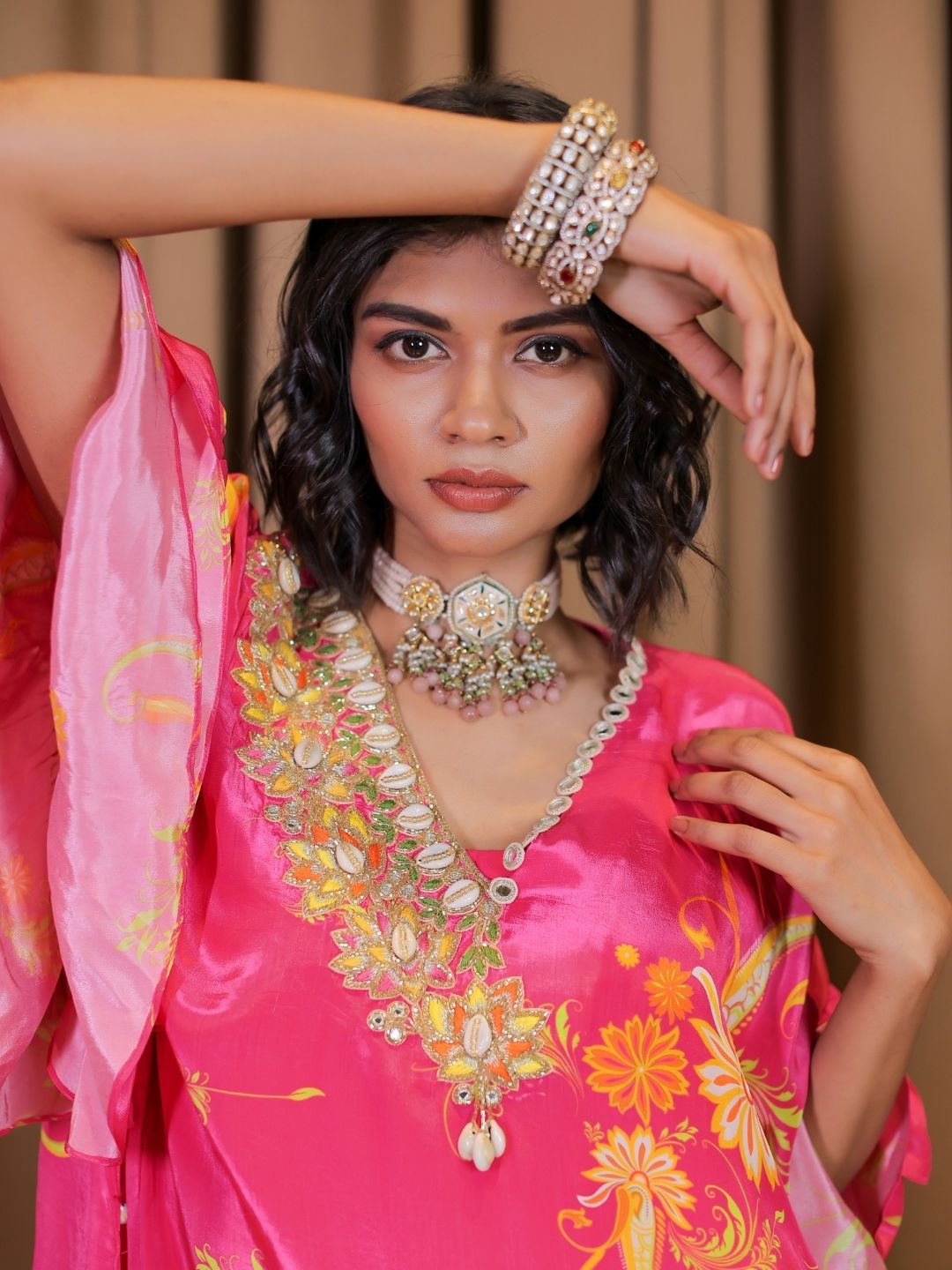 Pink Printed Embroidered Kaftan