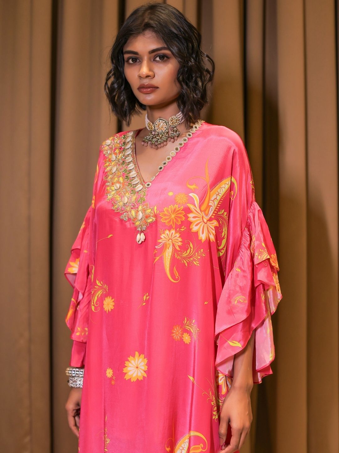 Pink Printed Embroidered Kaftan