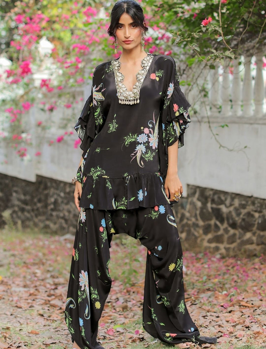 Black Printed Embroidered Co-ordset (L)