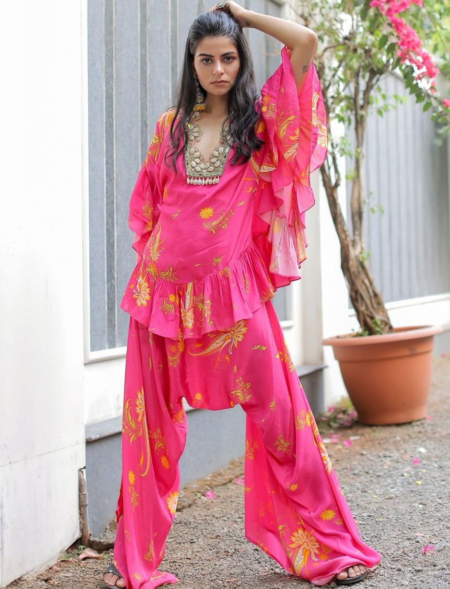 Pink Printed Embroidered Co-ordset