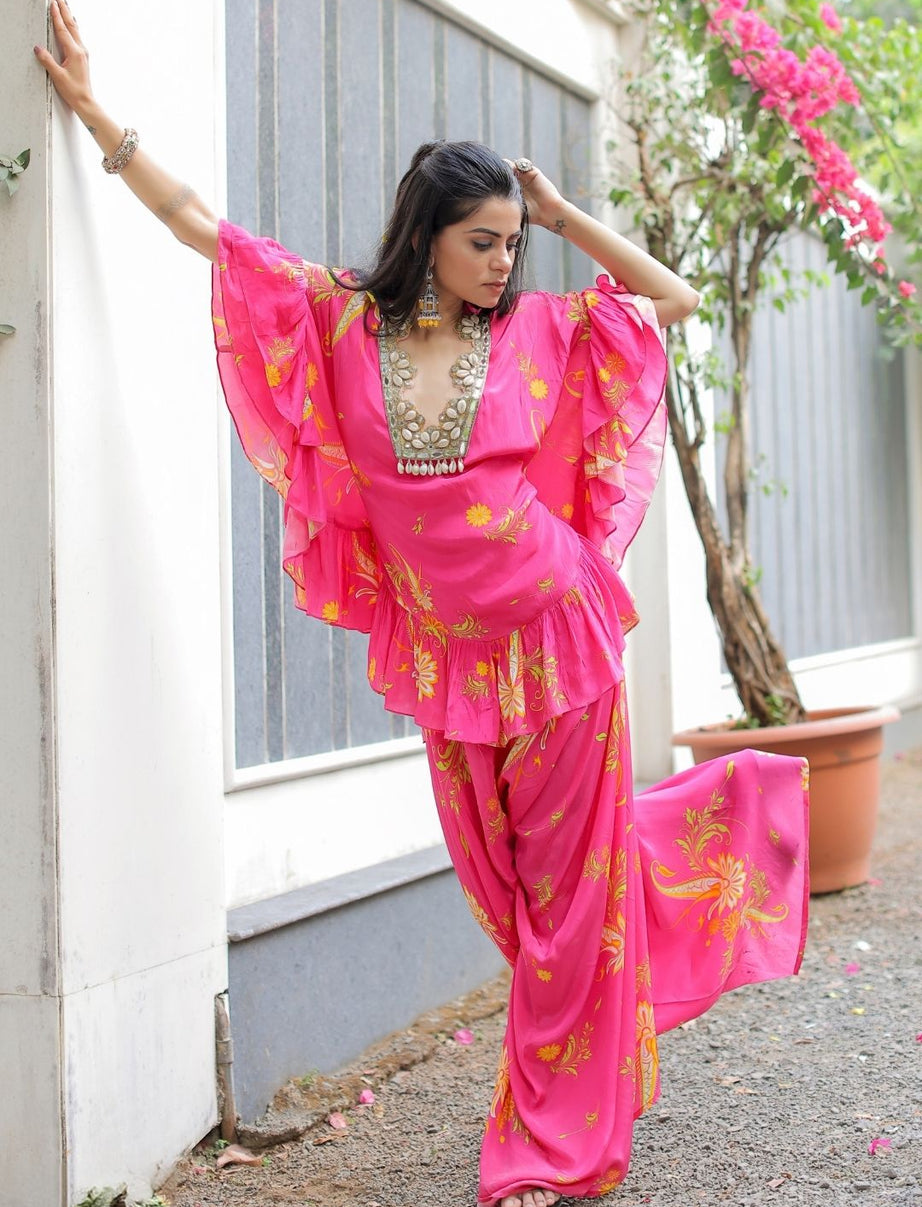 Pink Printed Embroidered Co-ordset