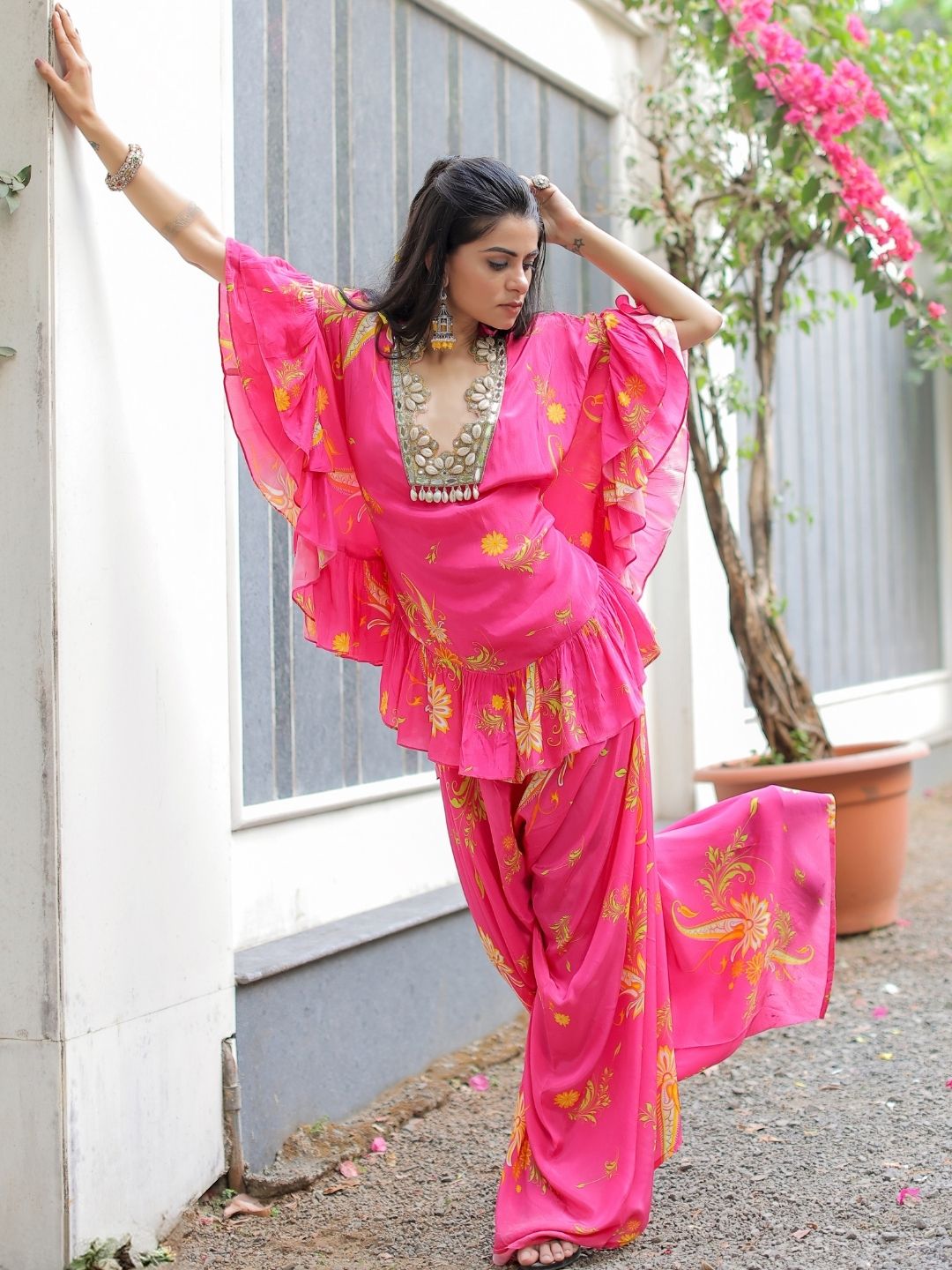 Pink Printed Embroidered Co-ordset