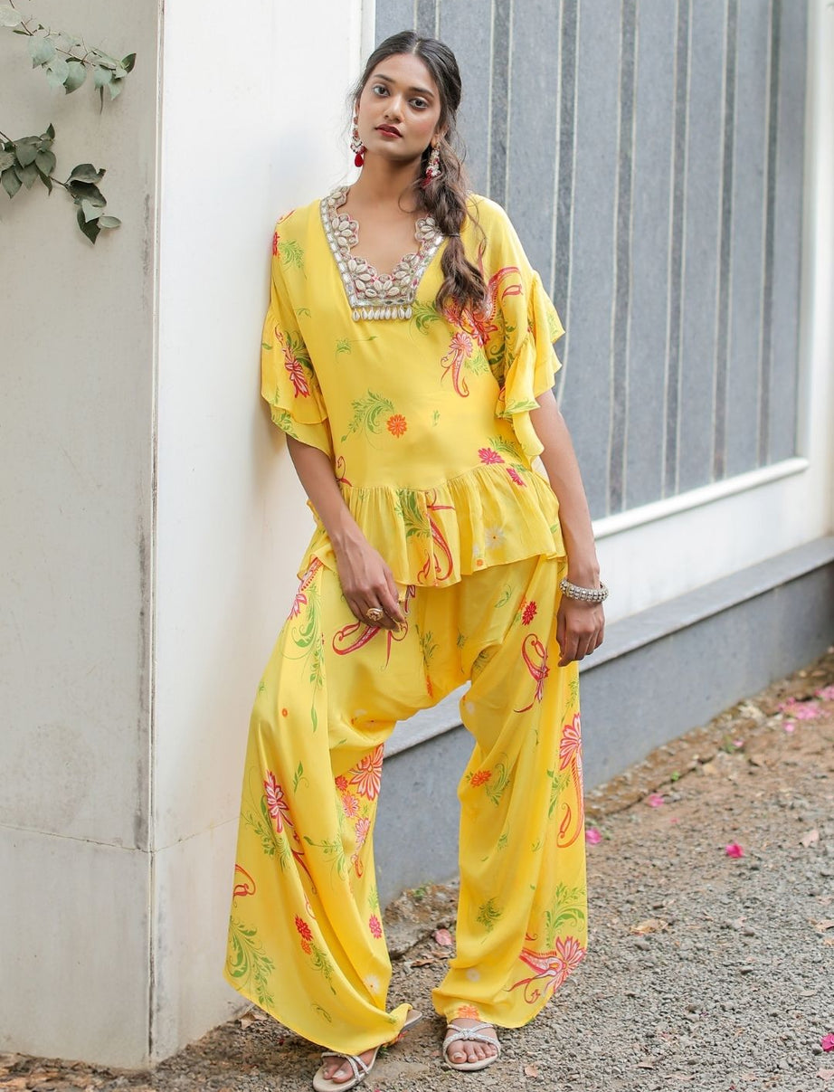 Yellow Printed Embroidered Co-ordset