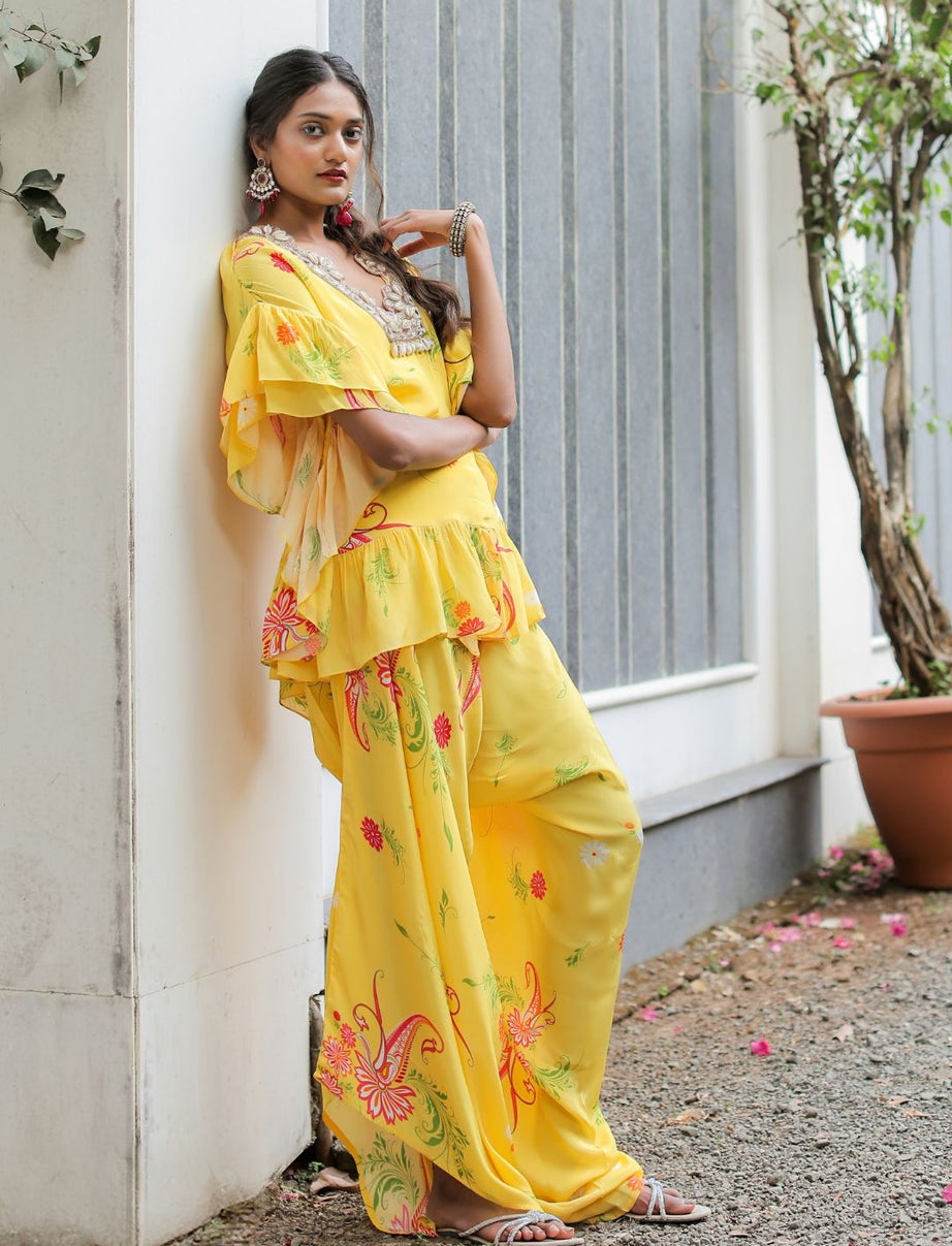 Yellow Printed Embroidered Co-ordset