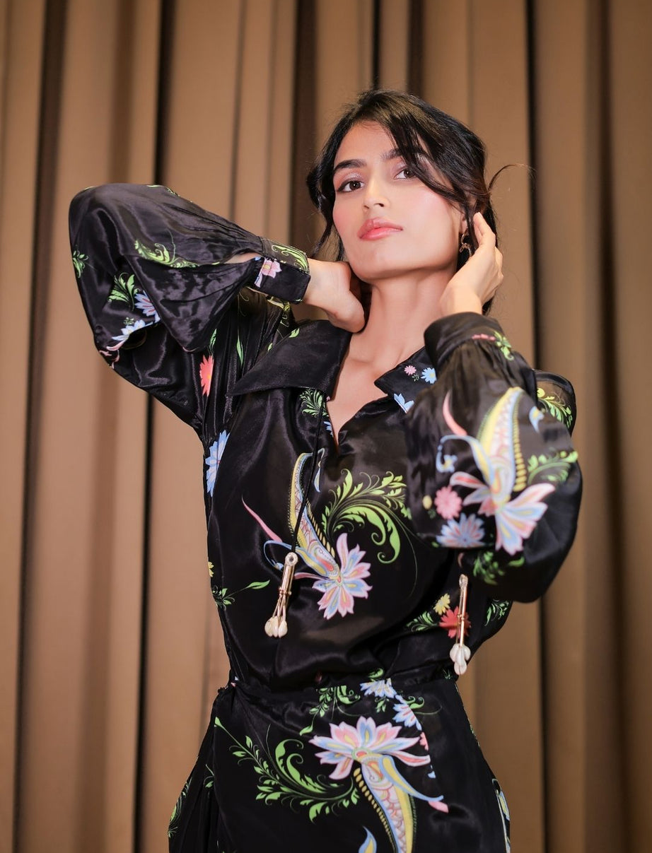 Black Printed Wrap Dress