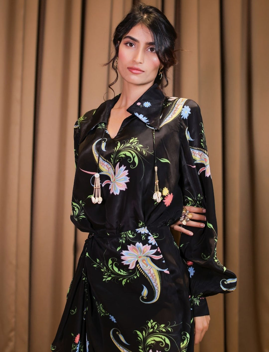 Black Printed Wrap Dress