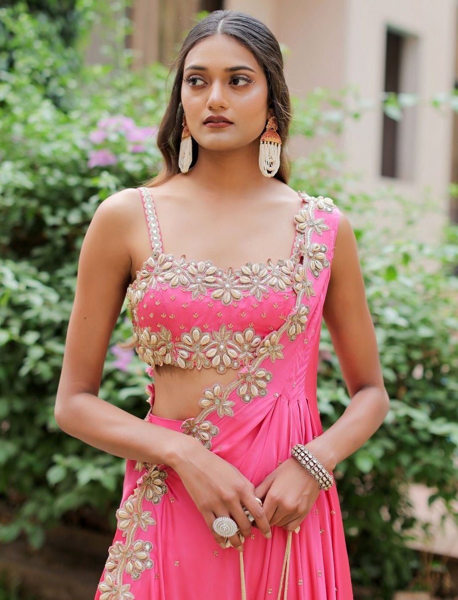 Pink Mirror and Cowrie Embroidered Cape Set