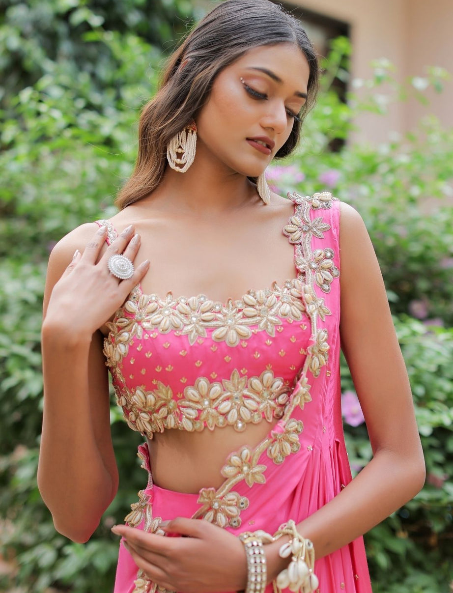 Pink Mirror and Cowrie Embroidered Cape Set