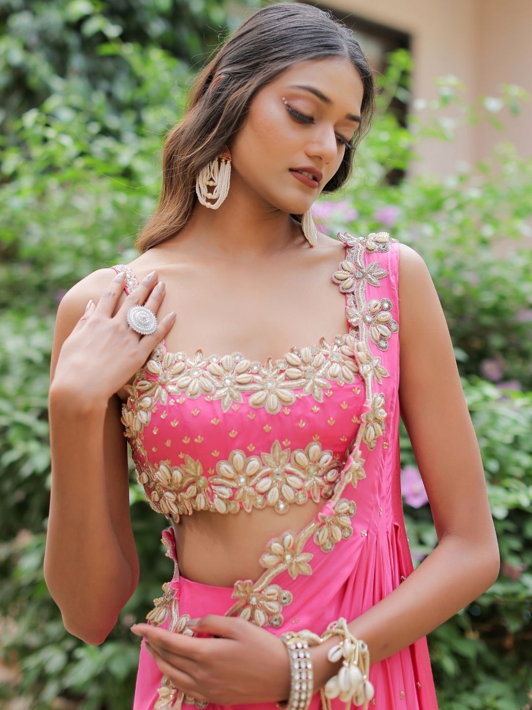 Pink Mirror and Cowrie Embroidered Cape Set