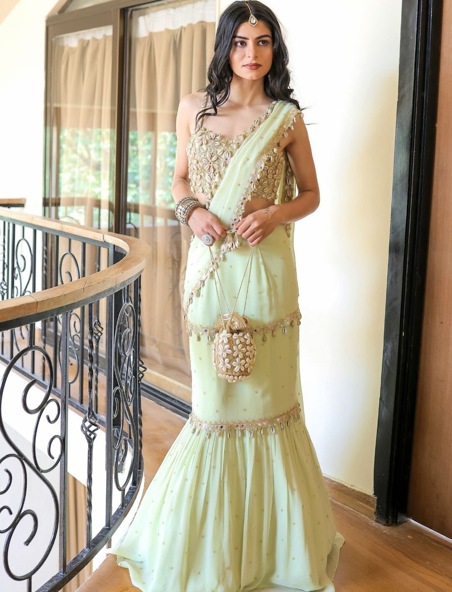 Mint Green Embroidered Mumtaz Saree Set (S)
