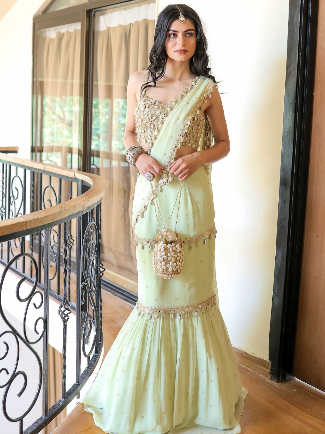Mint Green Embroidered Mumtaz Saree Set
