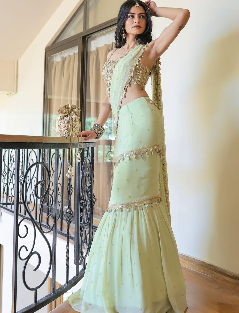 Mint Green Embroidered Mumtaz Saree Set