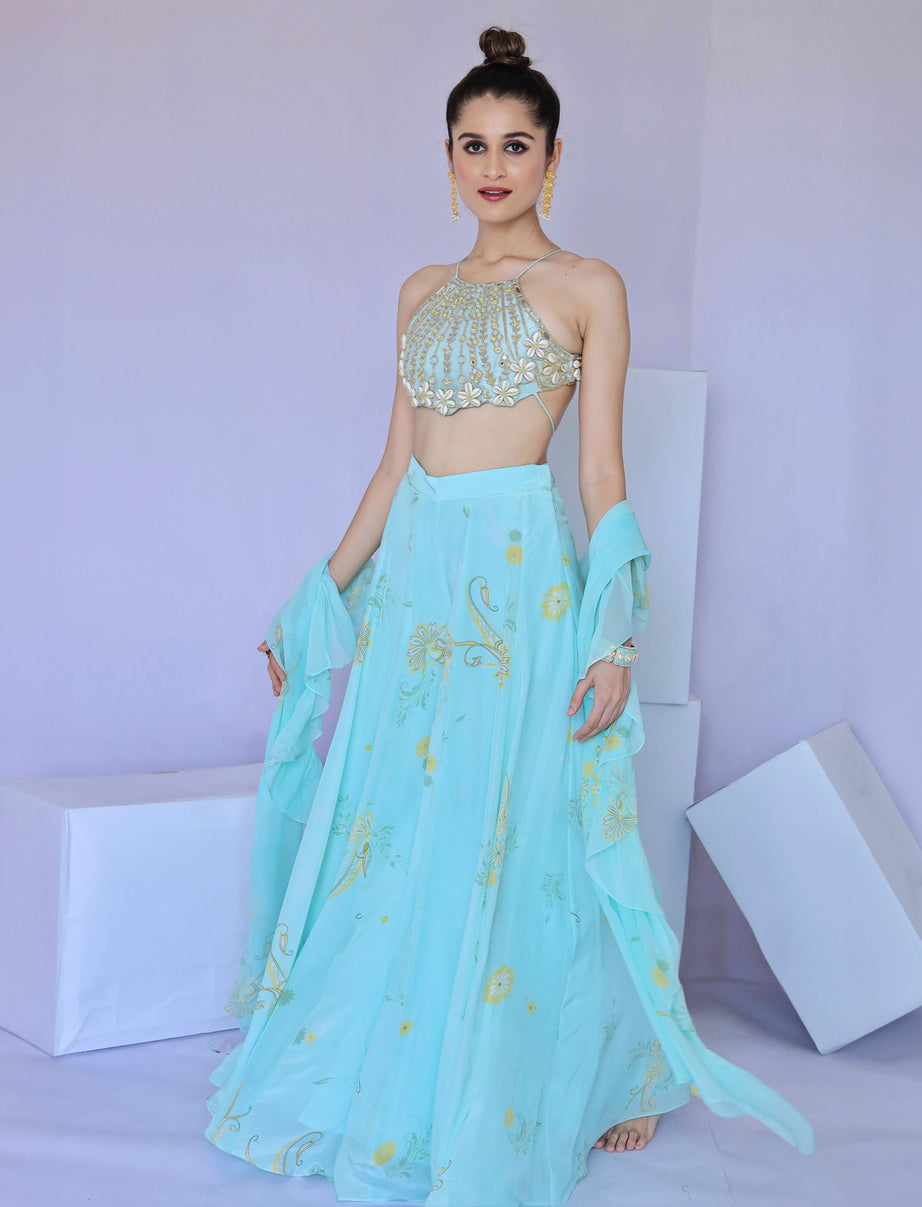 Blue Cowrie Embroidered Sharara Dupatta Set