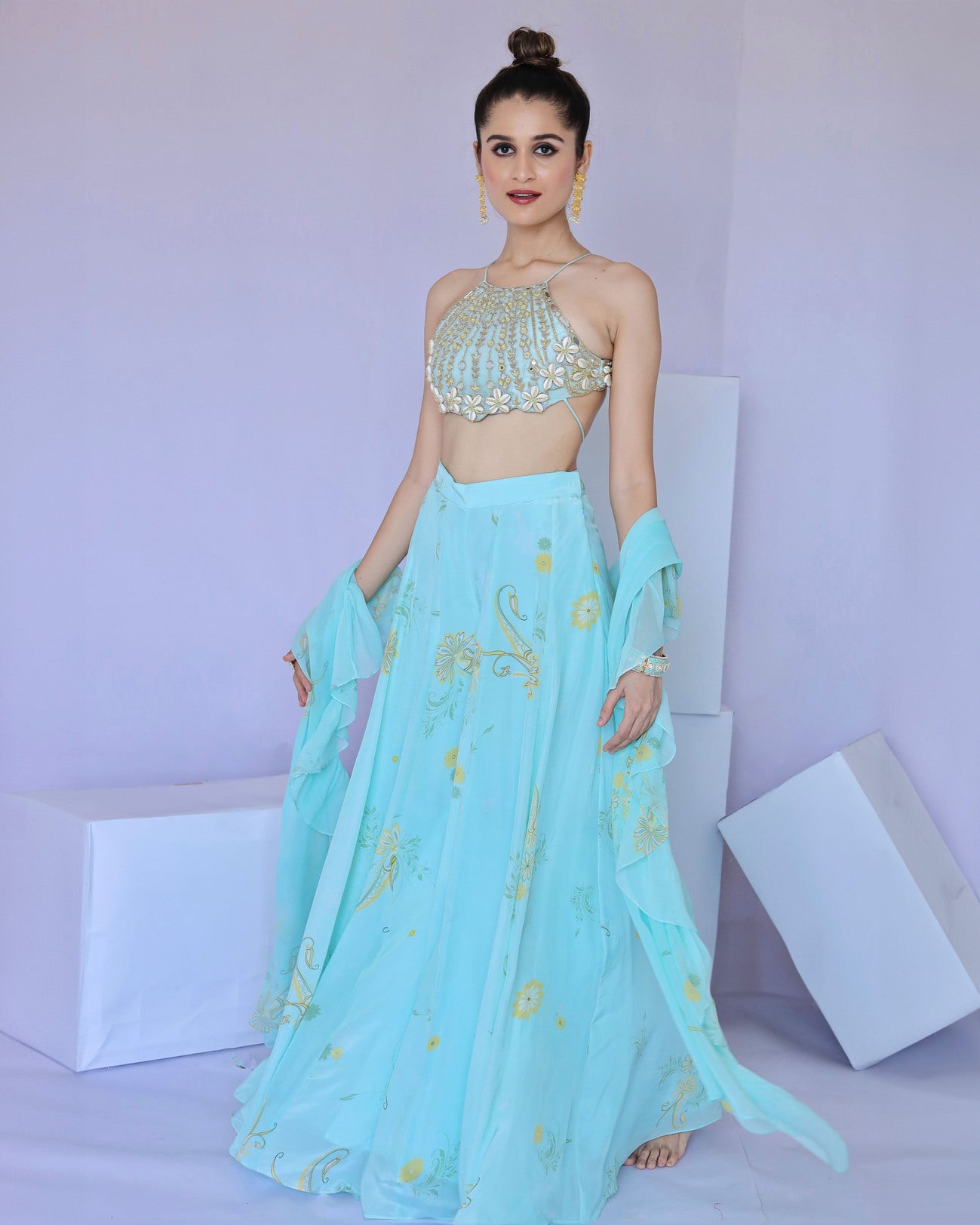 Blue Cowrie Embroidered Sharara Dupatta Set