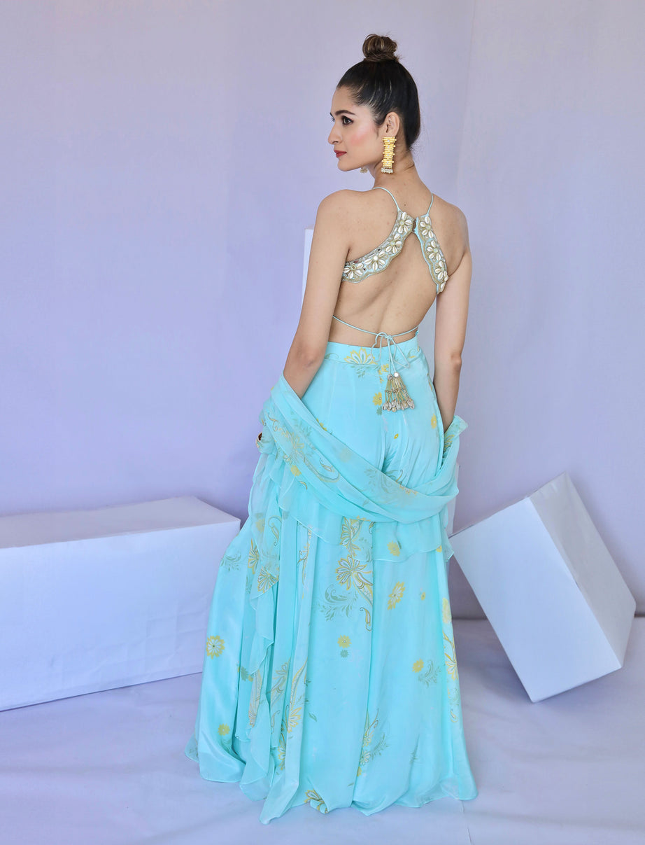 Blue Cowrie Embroidered Sharara Dupatta Set