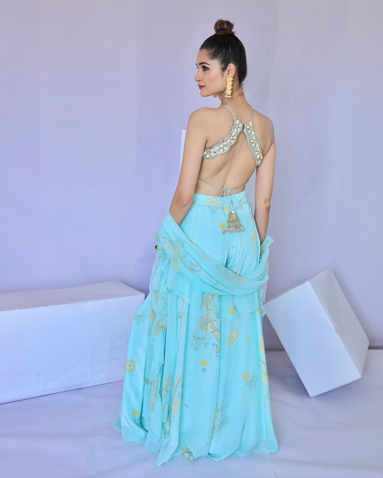 Blue Cowrie Embroidered Sharara Dupatta Set