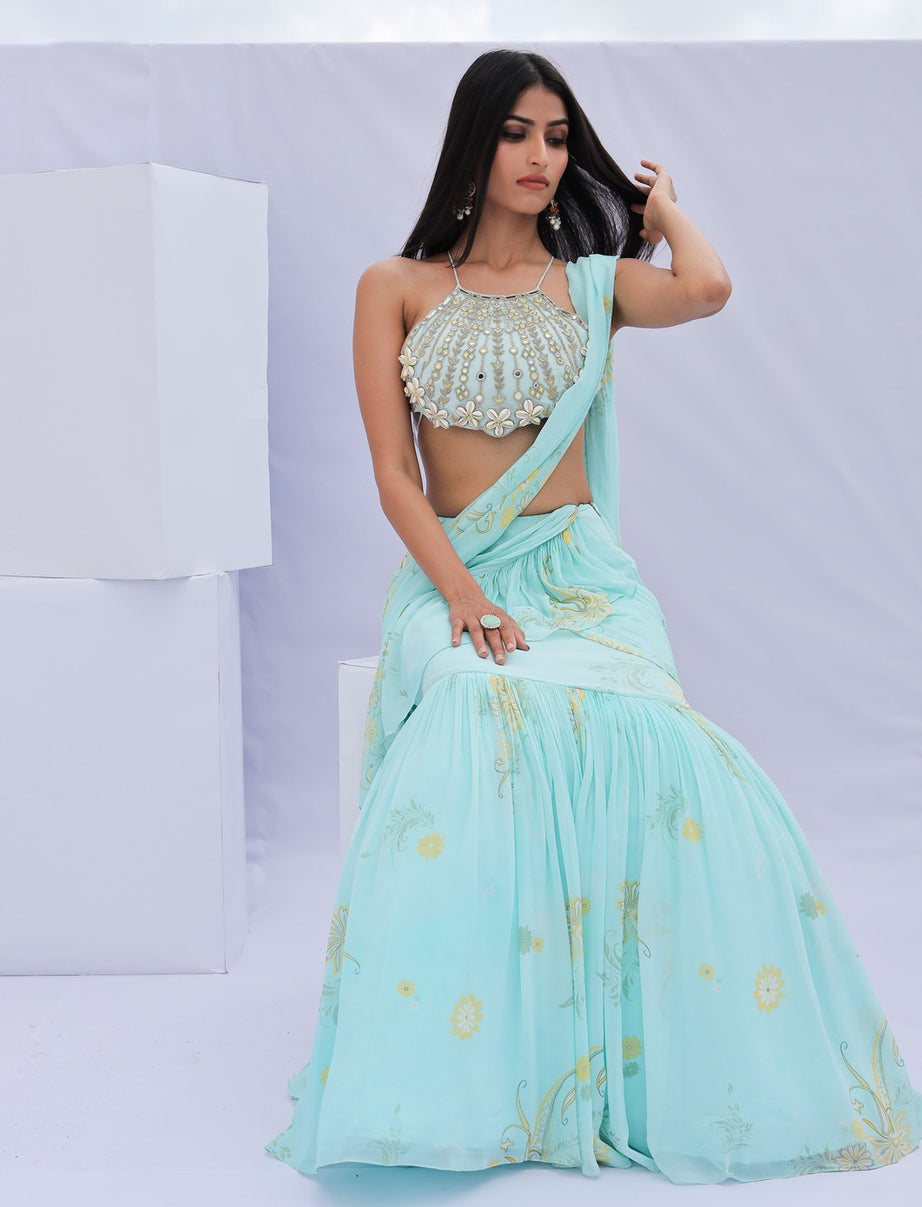 Blue Pre-Draped Ruffle Paisely Print Saree Set