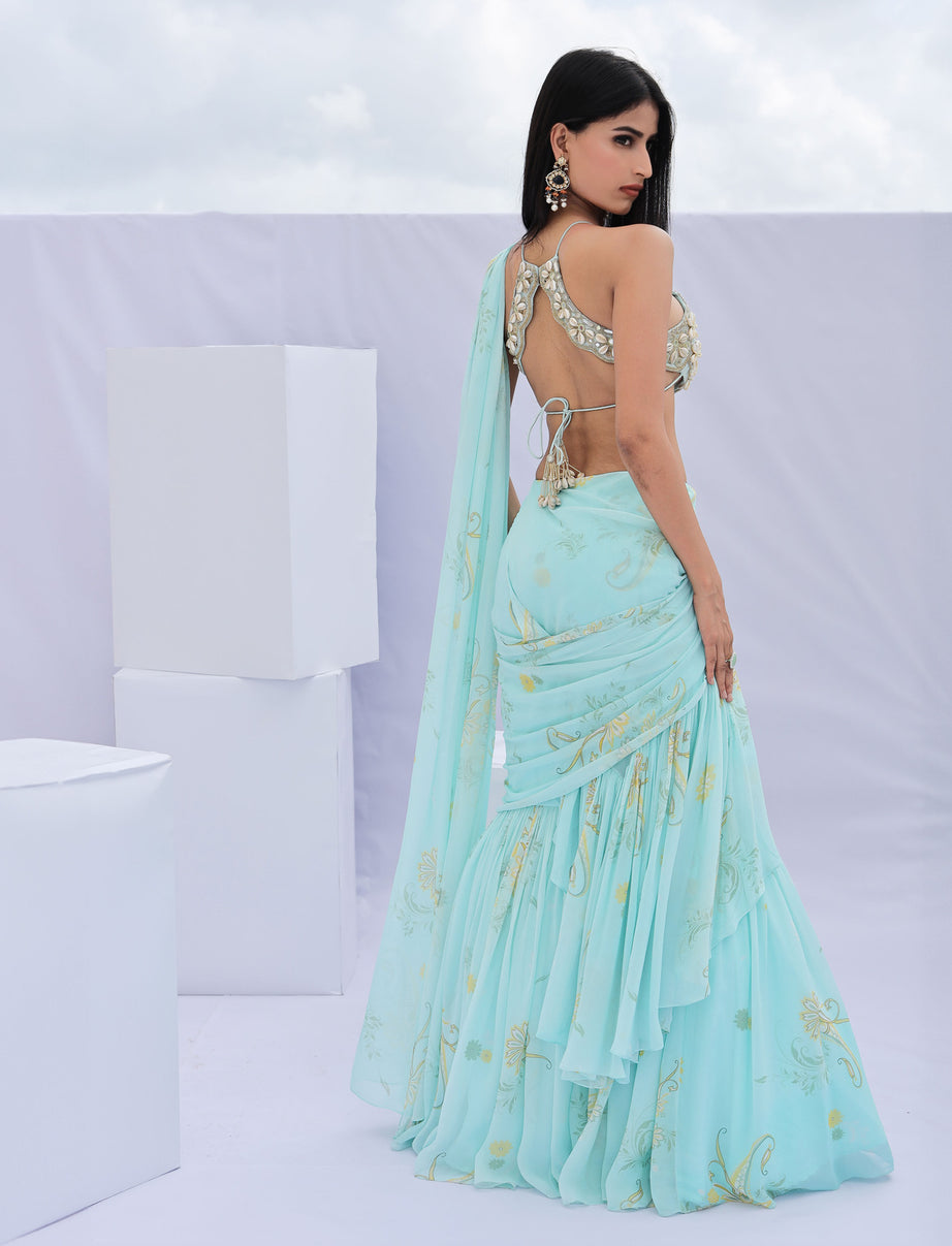 Blue Pre-Draped Ruffle Paisely Print Saree Set