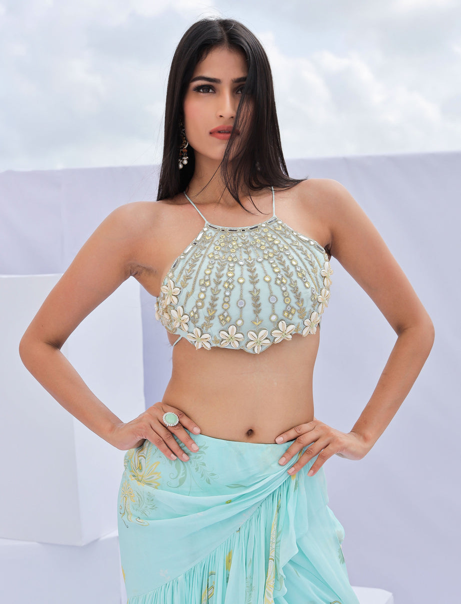 Blue Pre-Draped Ruffle Paisely Print Saree Set