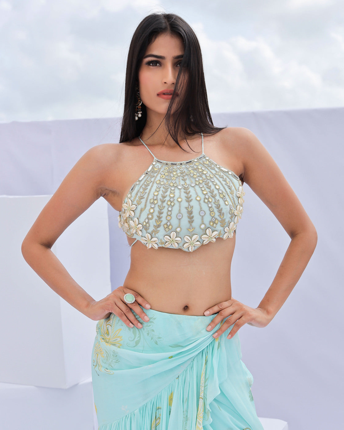 Blue Pre-Draped Ruffle Paisely Print Saree Set