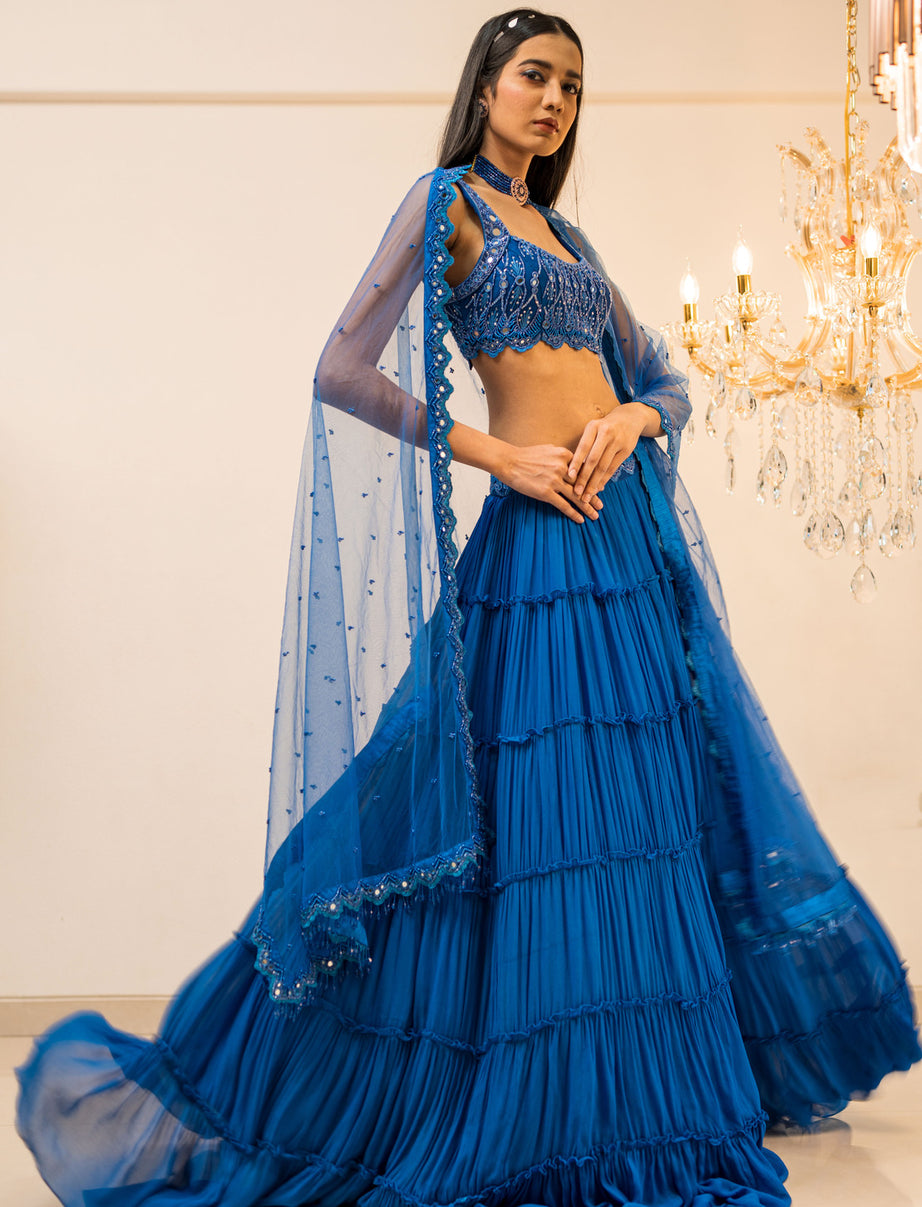 Blue Tiered Mirror Work Lehenga Set