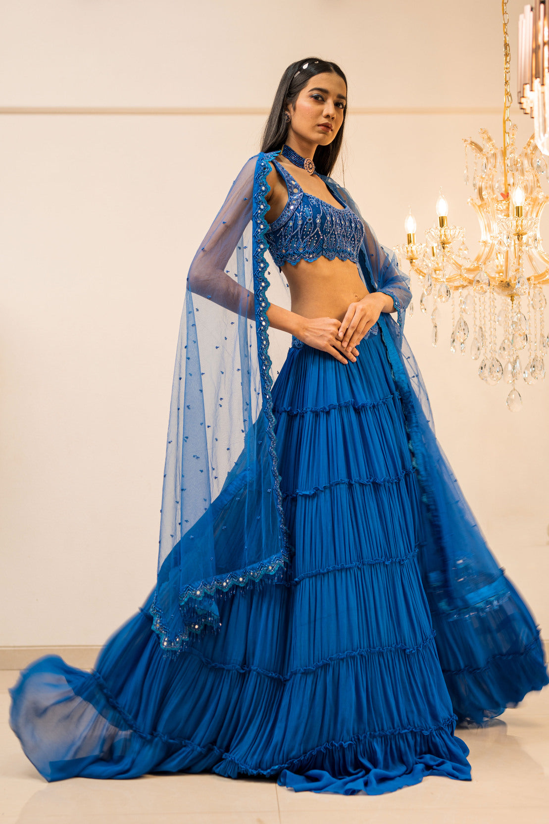 Blue Tiered Mirror Work Lehenga Set