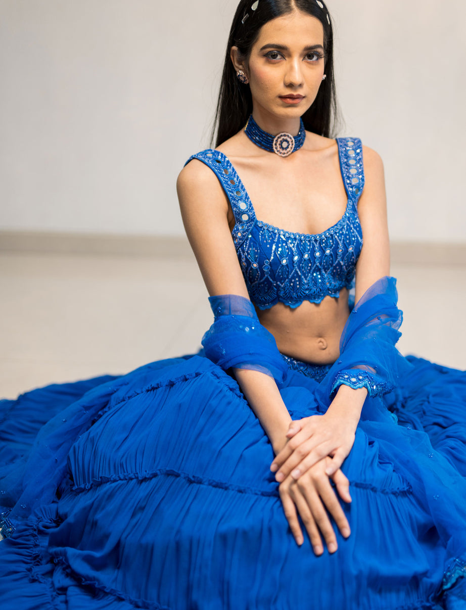Blue Tiered Mirror Work Lehenga Set