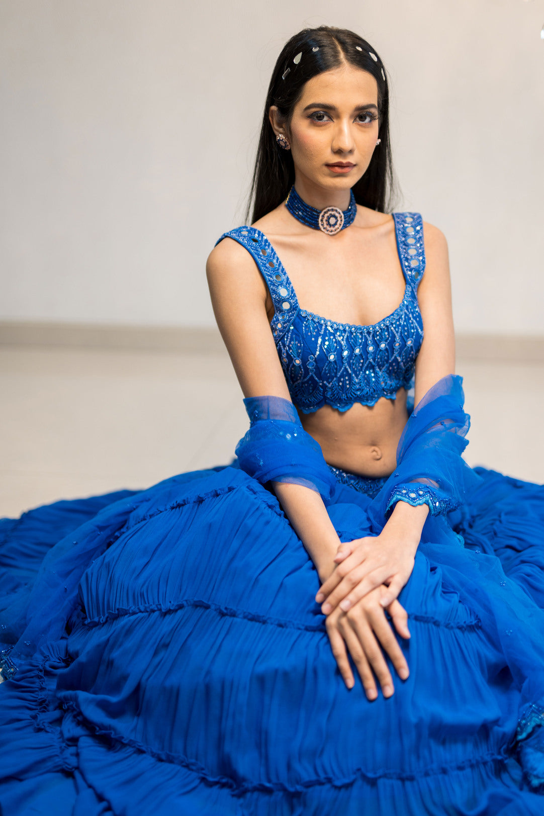 Blue Tiered Mirror Work Lehenga Set