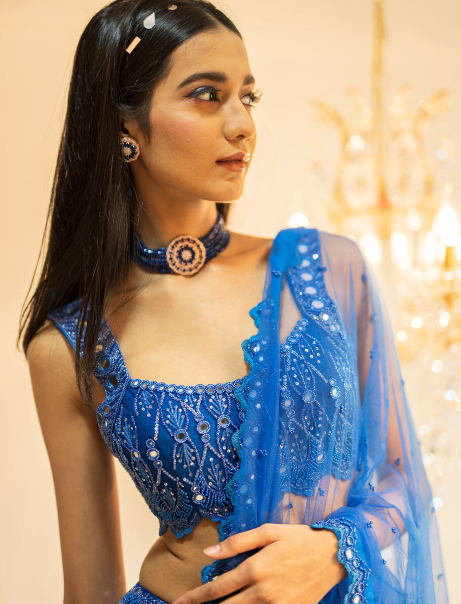 Blue Tiered Mirror Work Lehenga Set