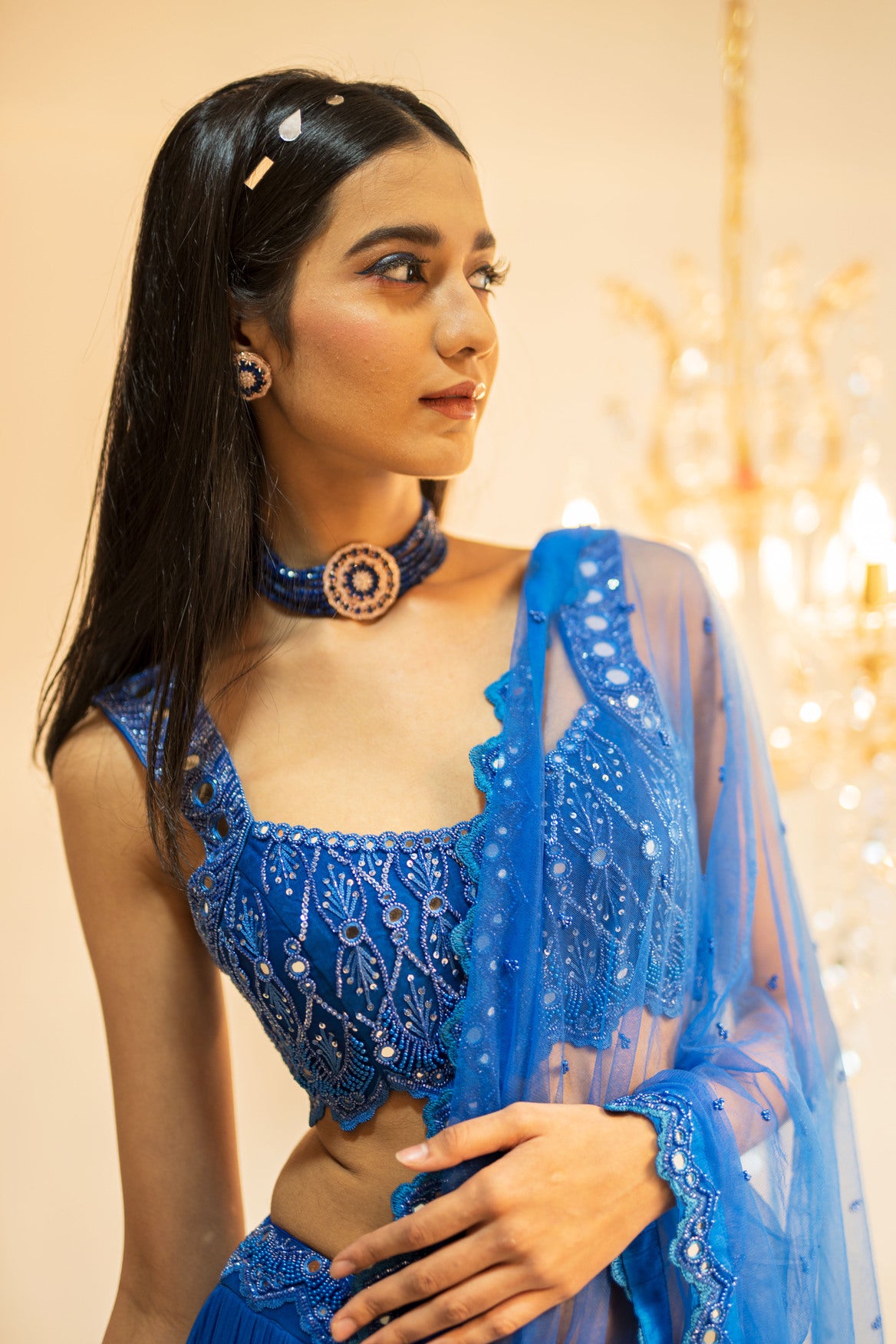 Blue Tiered Mirror Work Lehenga Set