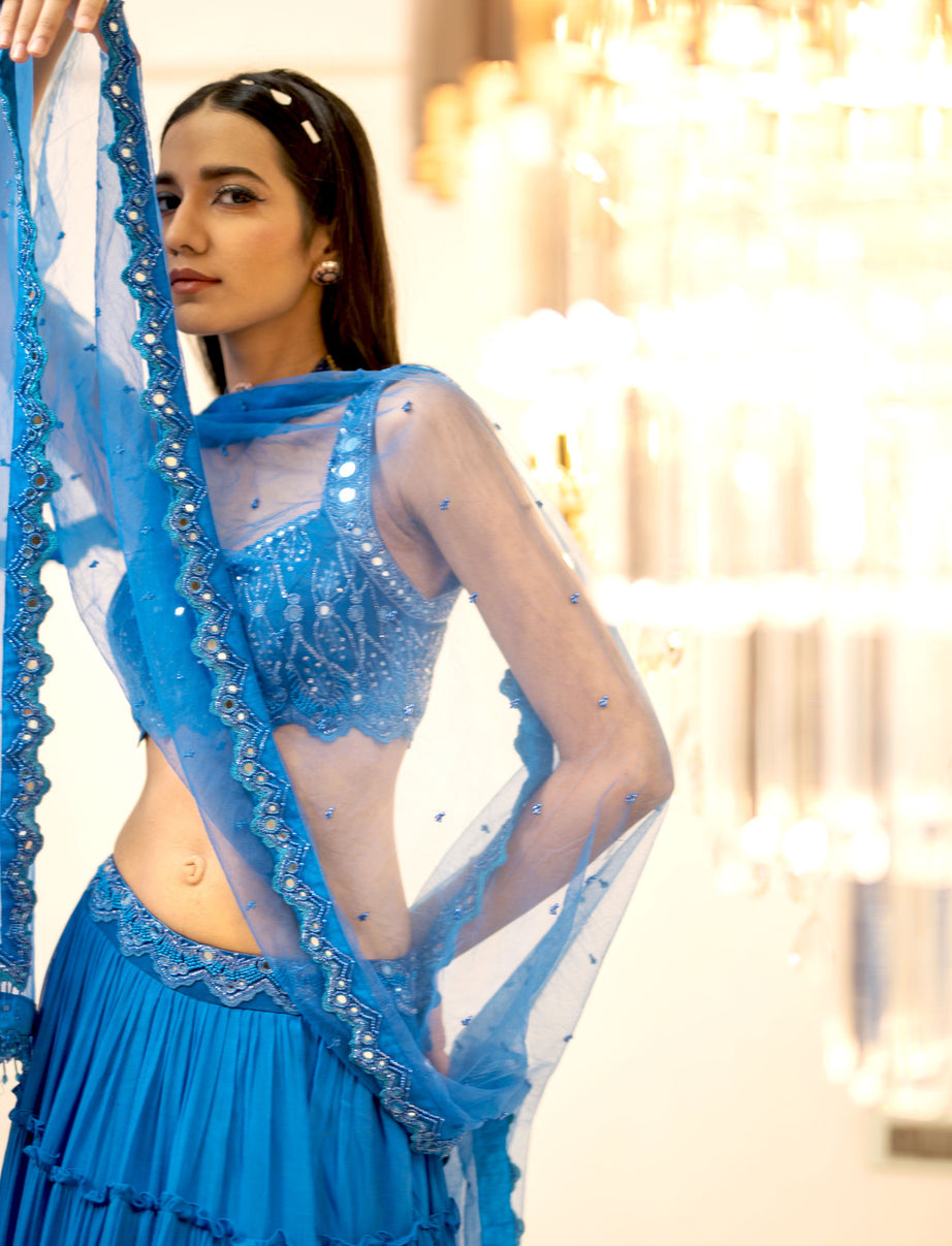 Blue Tiered Mirror Work Lehenga Set