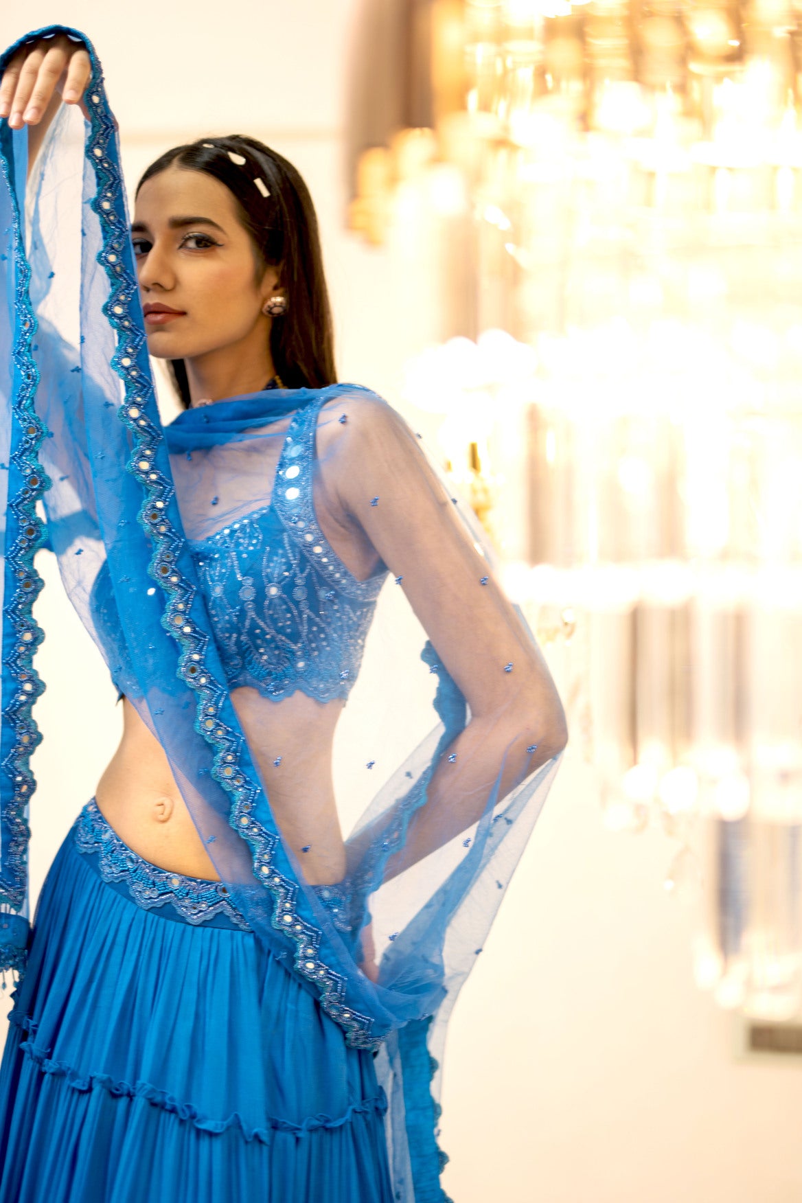 Blue Tiered Mirror Work Lehenga Set