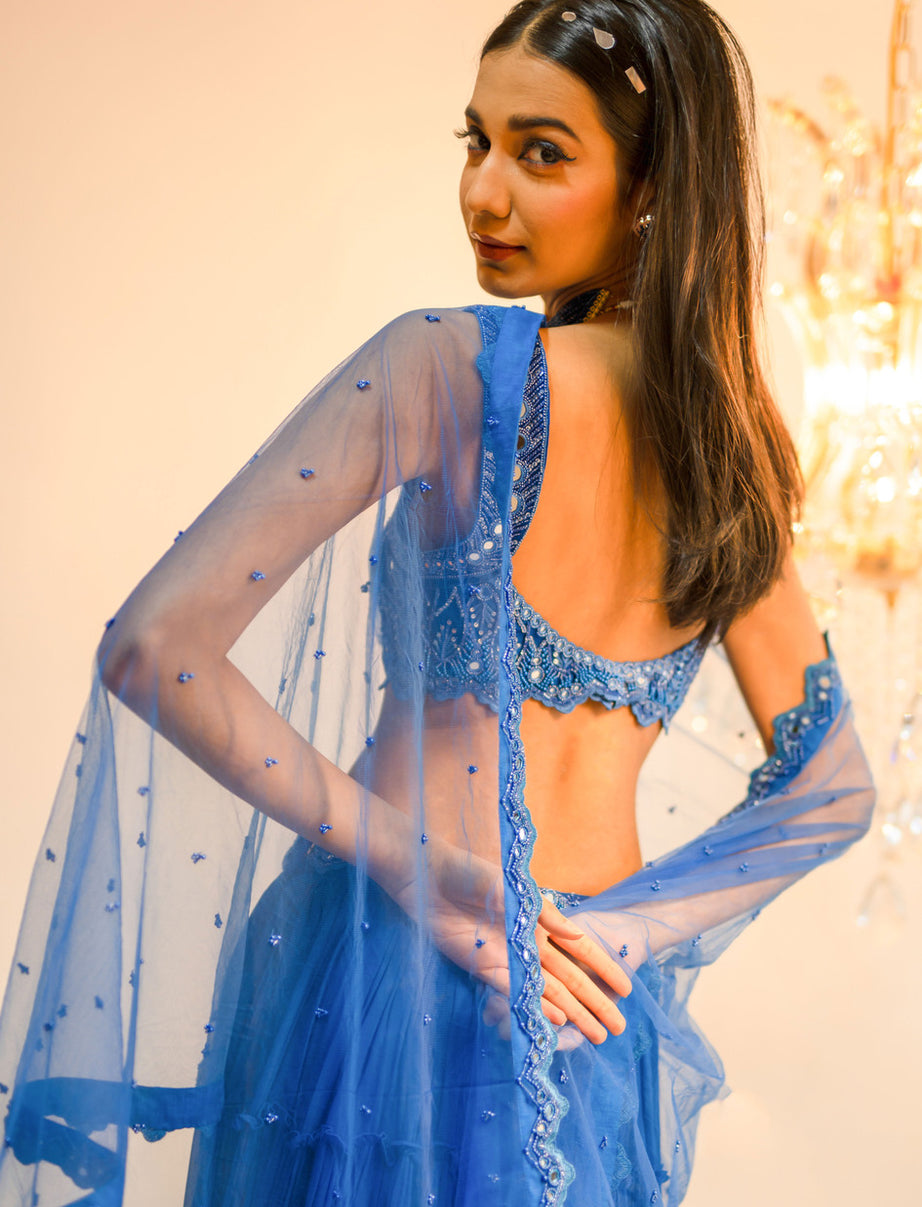 Blue Tiered Mirror Work Lehenga Set