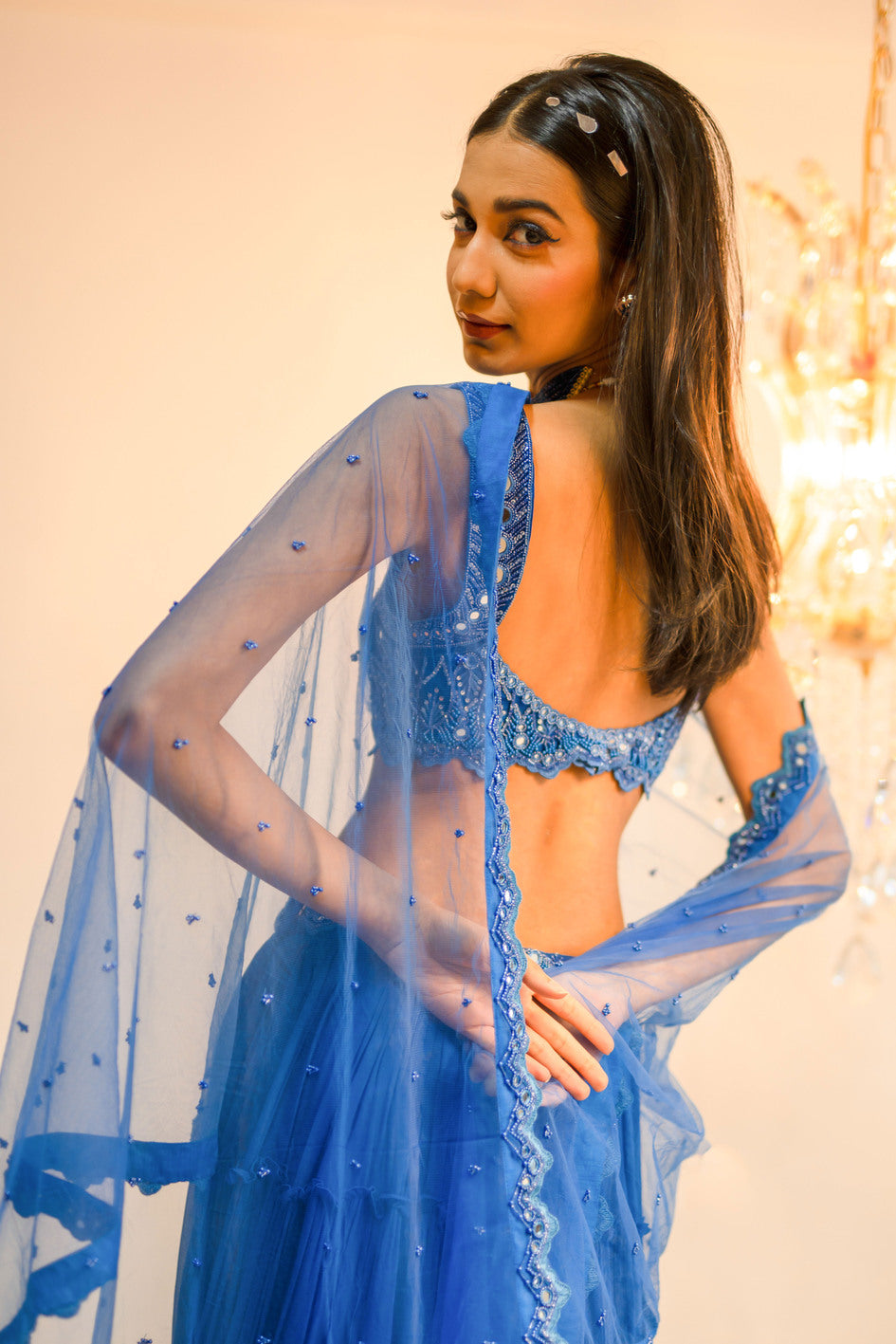 Blue Tiered Mirror Work Lehenga Set