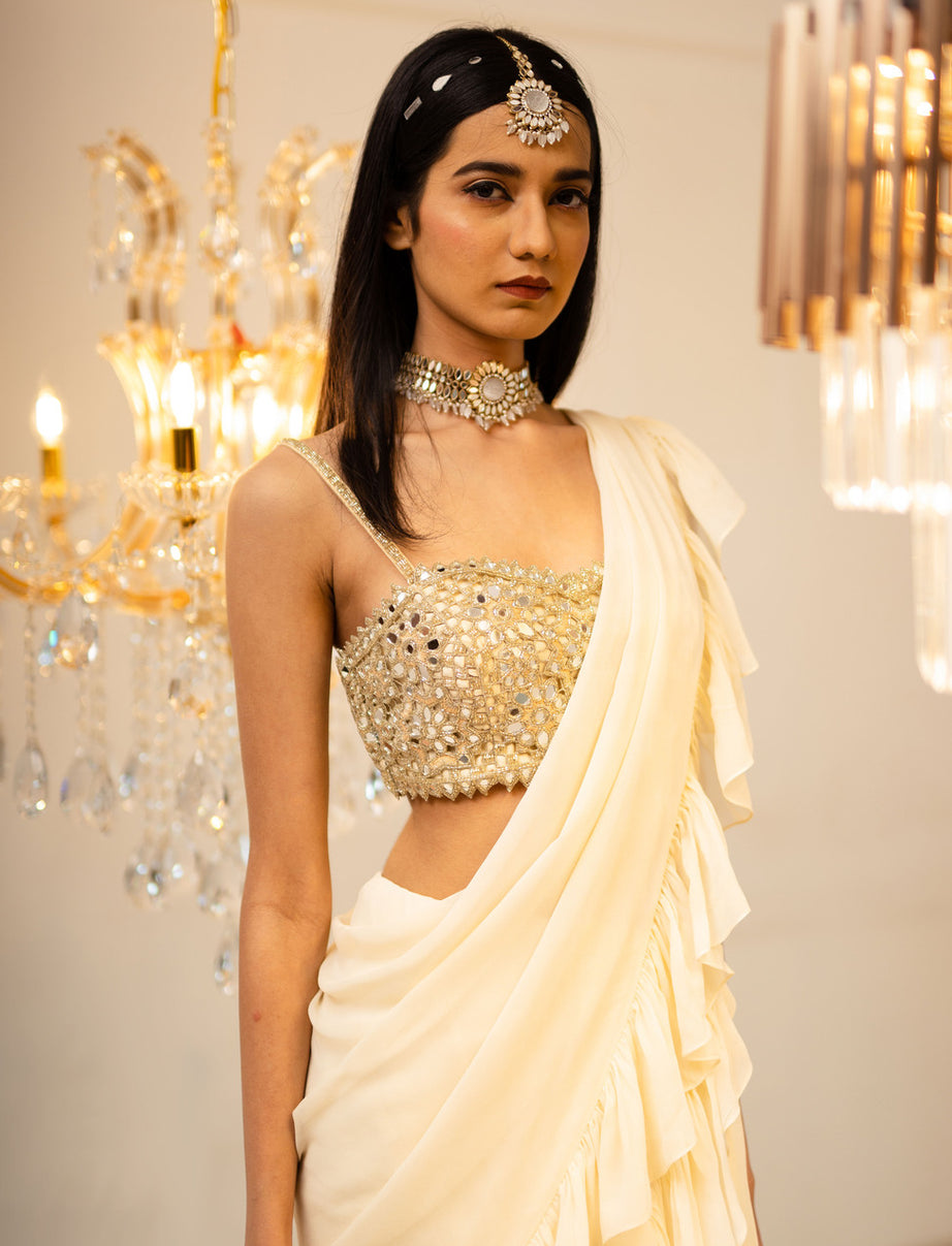 Cream Pre-Draped Ruffle Saree Set