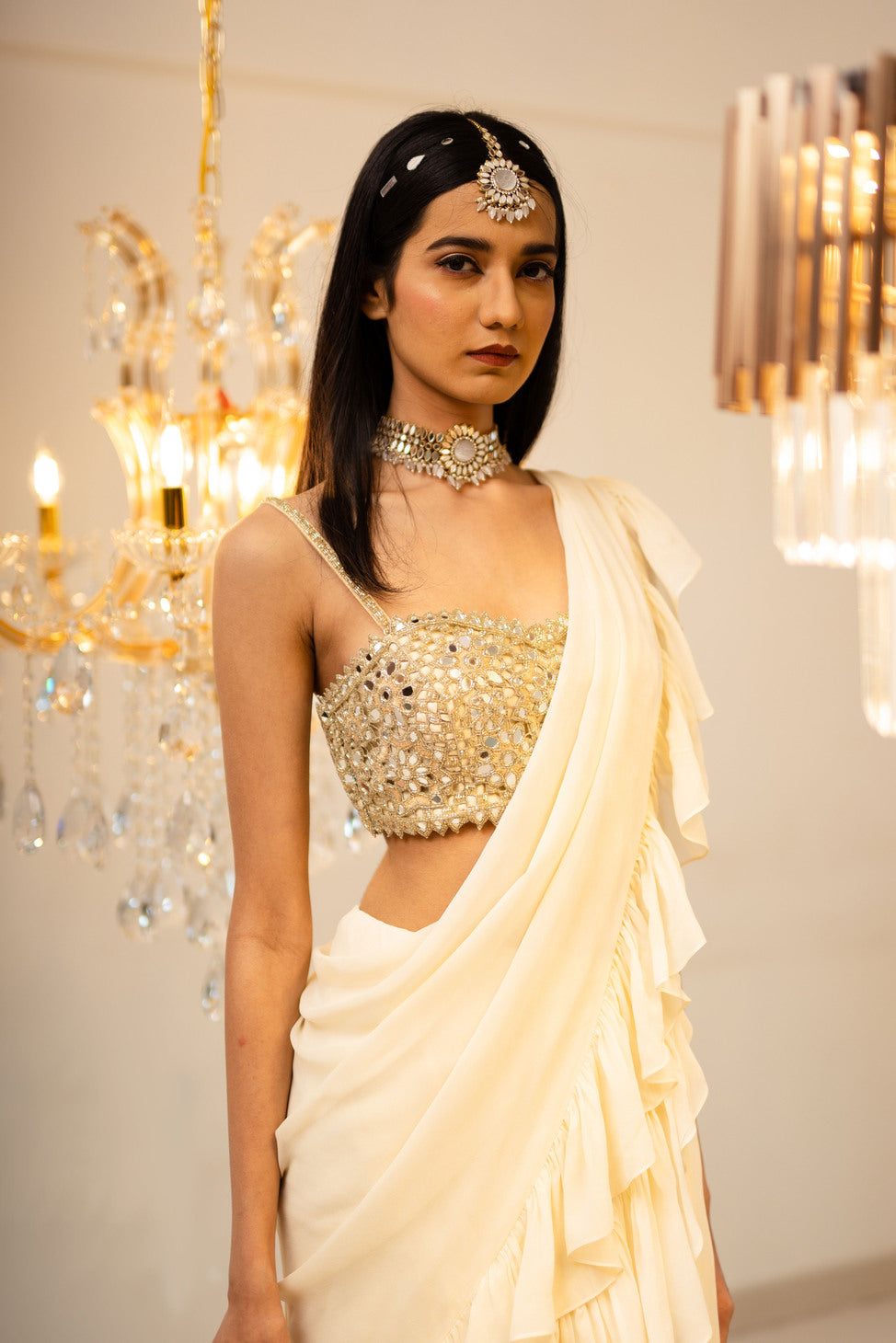 Cream Pre-Draped Ruffle Saree Set