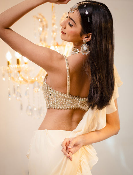 Cream Pre-Draped Ruffle Saree Set