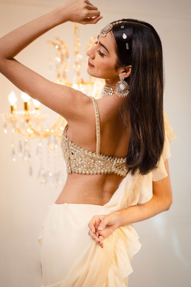 Cream Pre-Draped Ruffle Saree Set