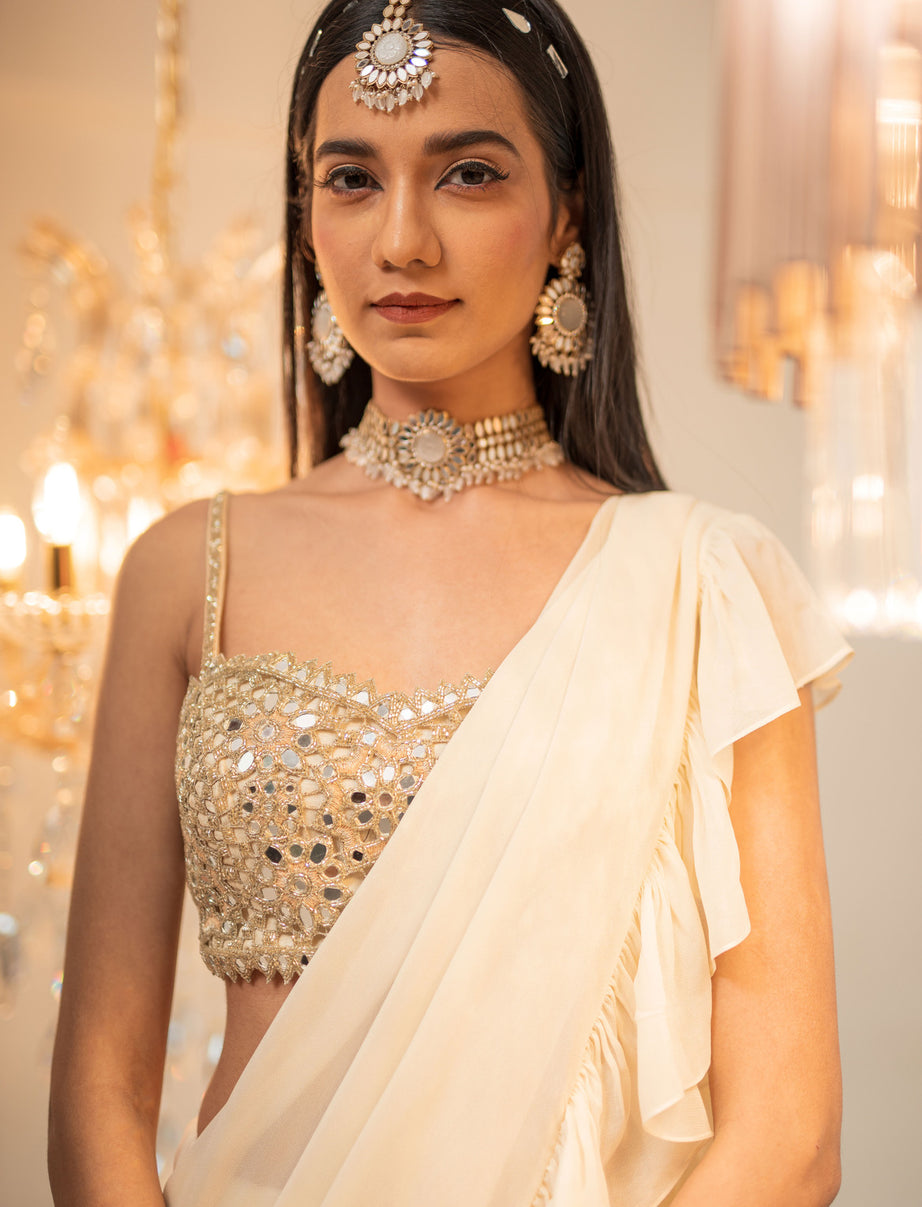 Cream Pre-Draped Ruffle Saree Set